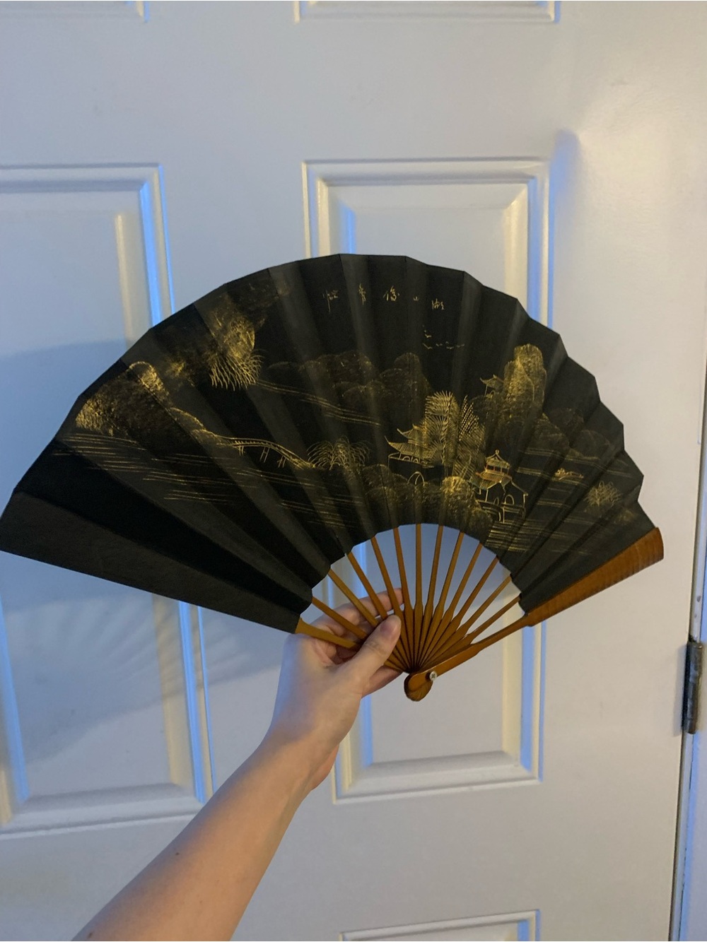 Vintage Japanese Folding Hand Fan Black w/ Gold Landscape Scene & Calligraphy
